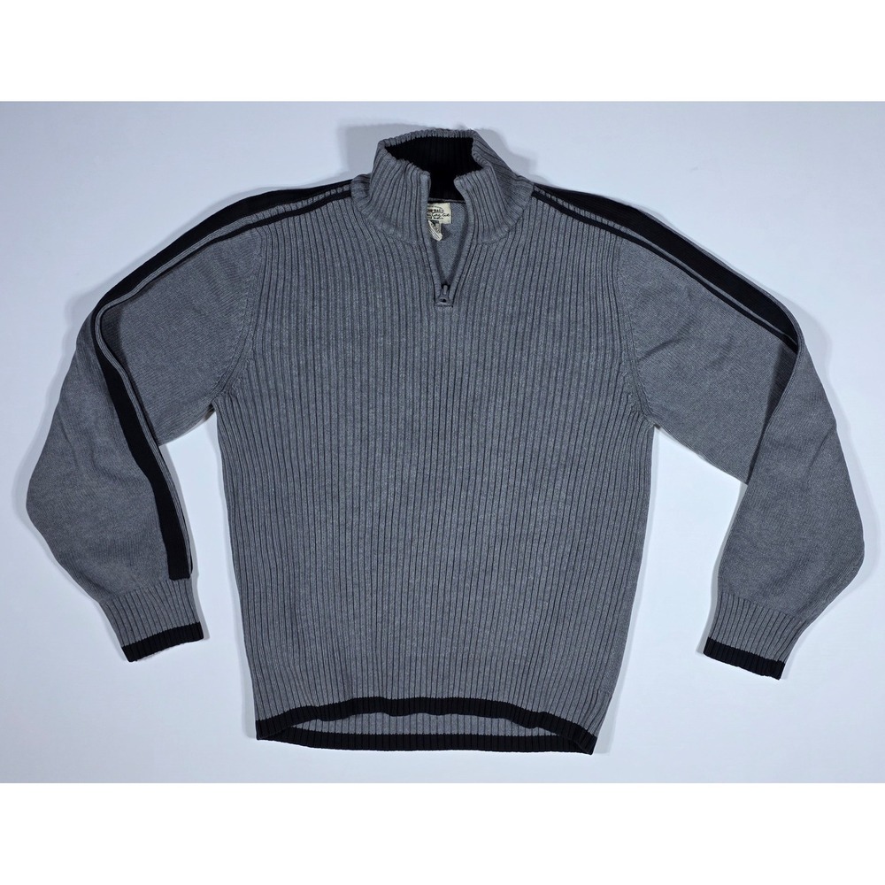 American Rag Cie Men's XL Gray Black Ribbed Quarter Zip Cotton Sweater Stripe